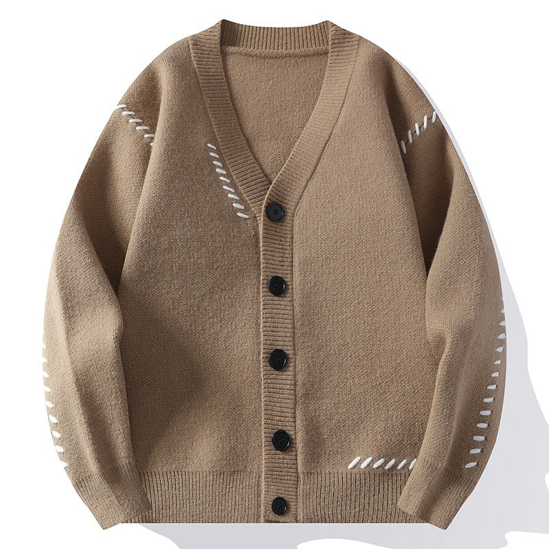 Cassian | Mens V Neck Cardigan Contrast Line Warm Knit - 3