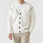 Cassian | Mens Cardigan V Neck Contrast Warm Knitted Cardigan, White