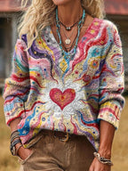 Cathleen | Womens Heart Print Crewneck Sweatshirt Loose Pullover Top