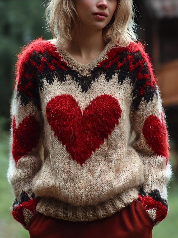 Cathleen | Womens Heart Print Crewneck Sweatshirt Loose Pullover Top