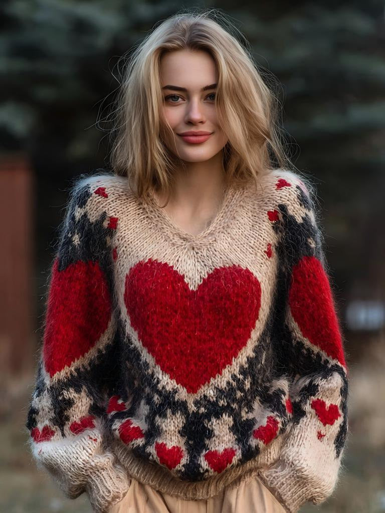 Cathleen | Womens Heart Print Crewneck Sweatshirt Loose Pullover Top