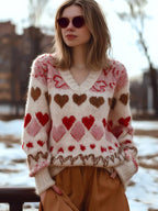 Cathleen | Womens Heart Print Crewneck Sweatshirt Loose Pullover Top