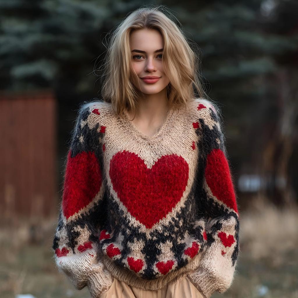 Cathleen | Womens Heart Print Crewneck Sweatshirt Loose Pullover Top