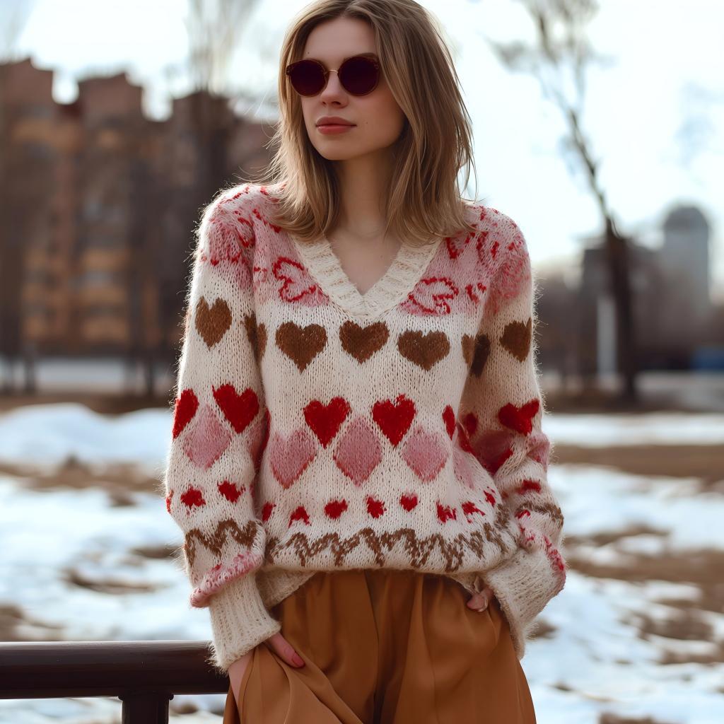 Cathleen | Womens Heart Print Crewneck Sweatshirt Loose Pullover Top