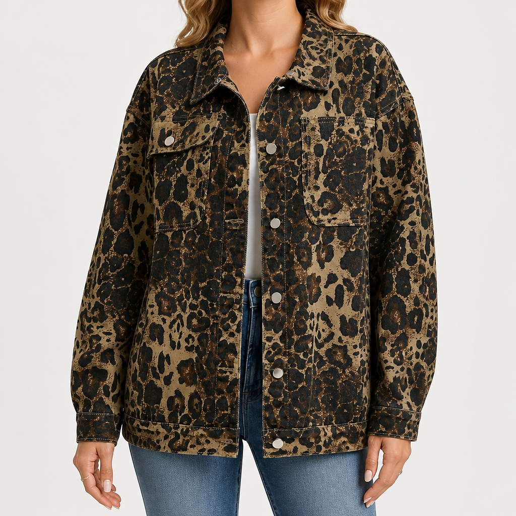 Cathy | Womens Vintage Washed Denim Jacket, Leopard Print