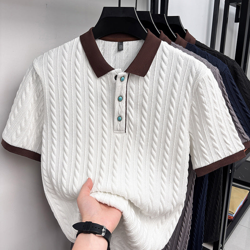 Chad | Mens Cable Knit Collared Shirt Short Sleeve Business Casual T-Shirt