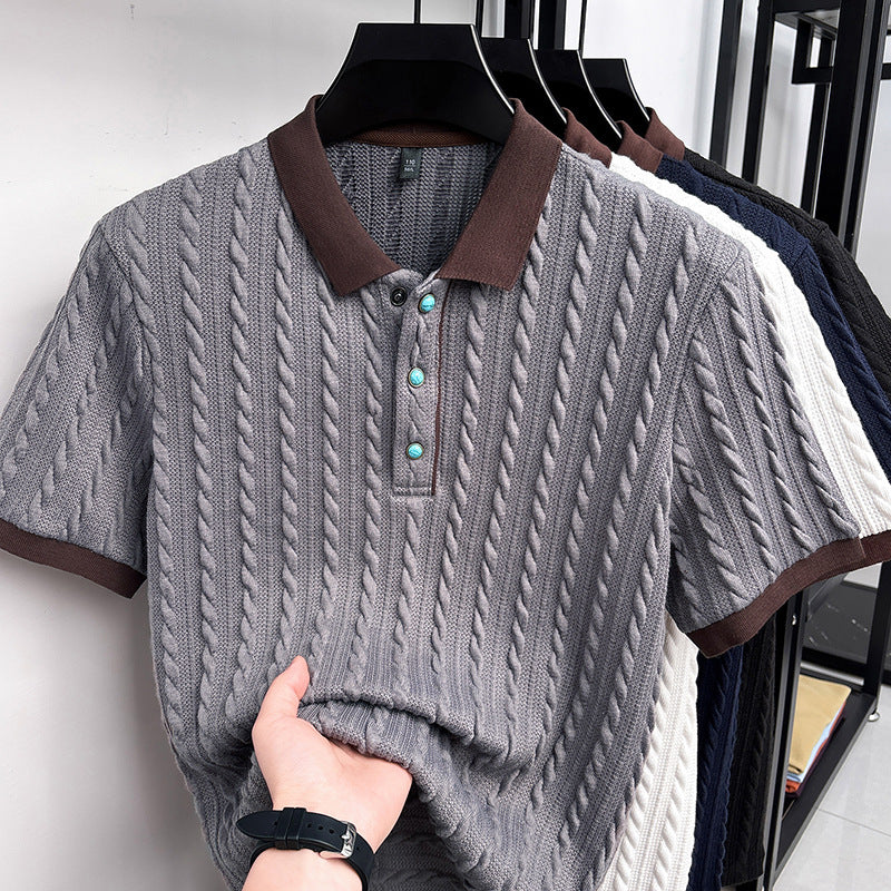 Chad | Mens Cable Knit Collared Shirt Short Sleeve Business Casual T-Shirt