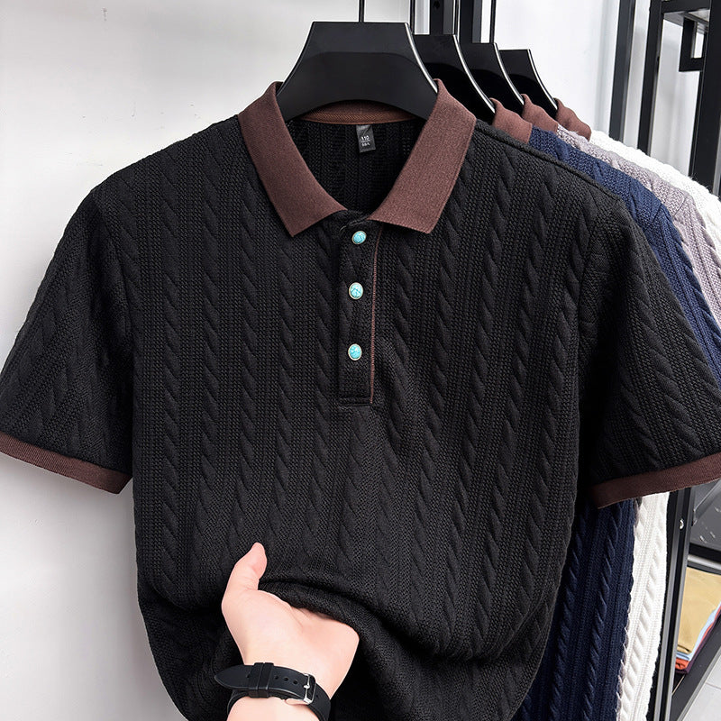 Chad | Mens Cable Knit Collared Shirt Short Sleeve Business Casual T-Shirt