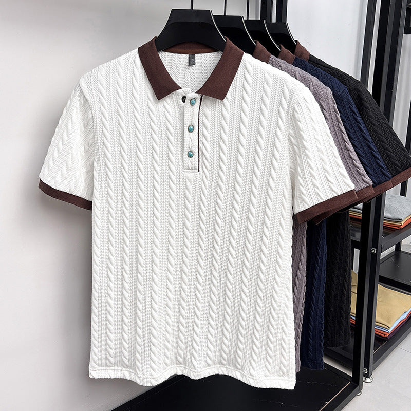 Chad | Mens Cable Knit Collared Shirt Short Sleeve Business Casual T-Shirt