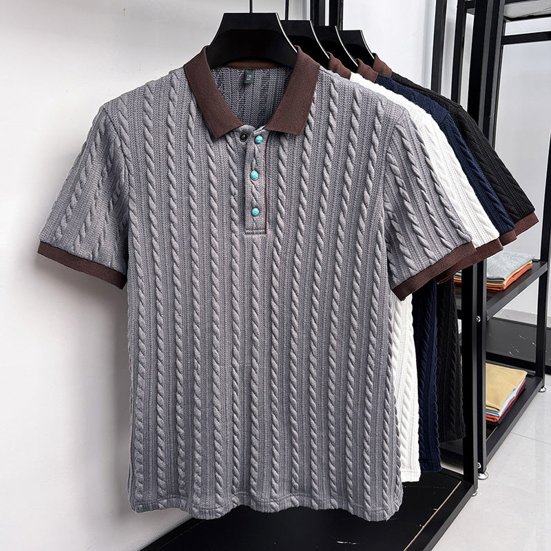 Chad | Mens Cable Knit Collared Shirt Short Sleeve Business Casual T-Shirt