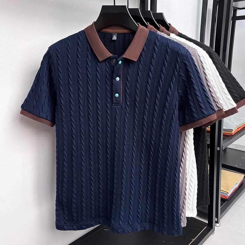 Chad | Mens Cable Knit Collared Shirt Short Sleeve Business Casual T-Shirt