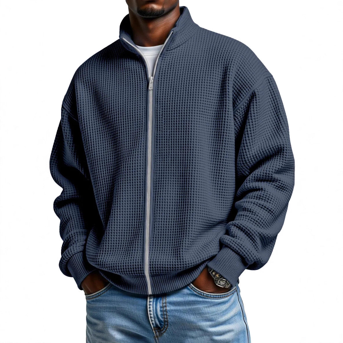 Chester | Mens Waffle Knit Zip Up Stand Collar Casual Jacket