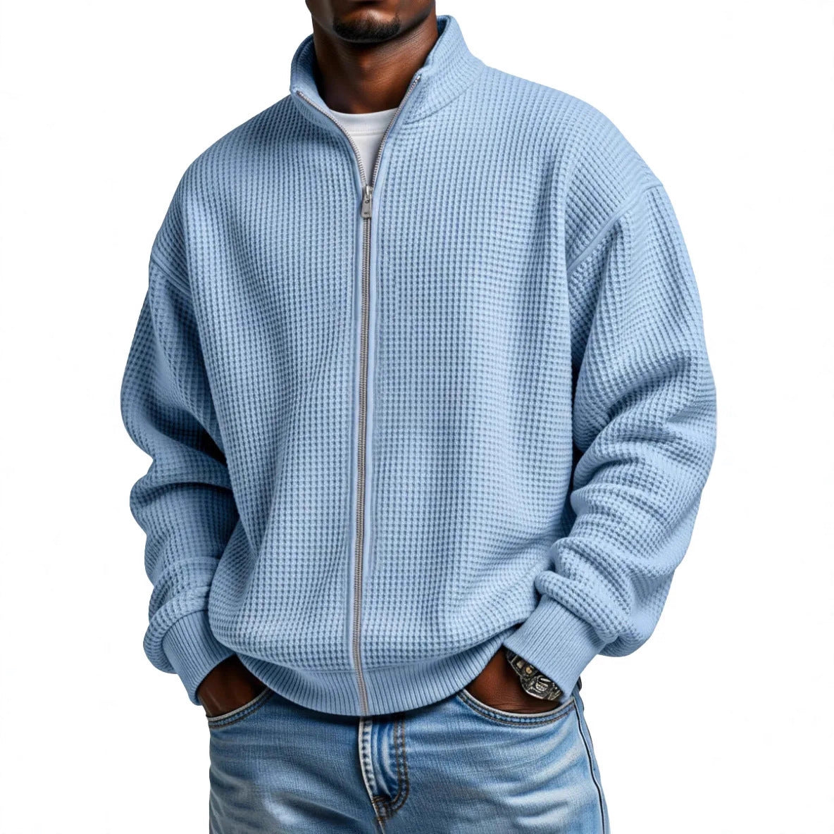 Chester | Mens Waffle Knit Zip Up Stand Collar Casual Jacket