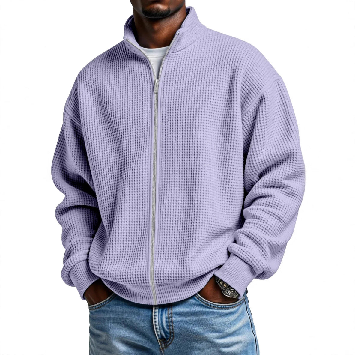 Chester | Mens Waffle Knit Zip Up Stand Collar Casual Jacket