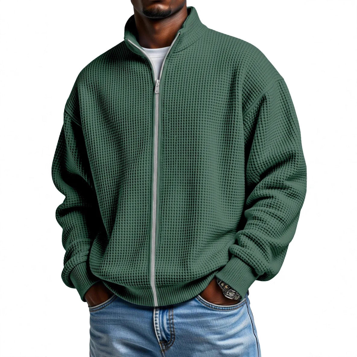 Chester | Mens Waffle Knit Zip Up Stand Collar Casual Jacket