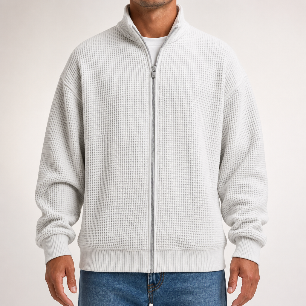 Chester | Mens Waffle Knit Zip Up Stand Collar Casual Jacket, White