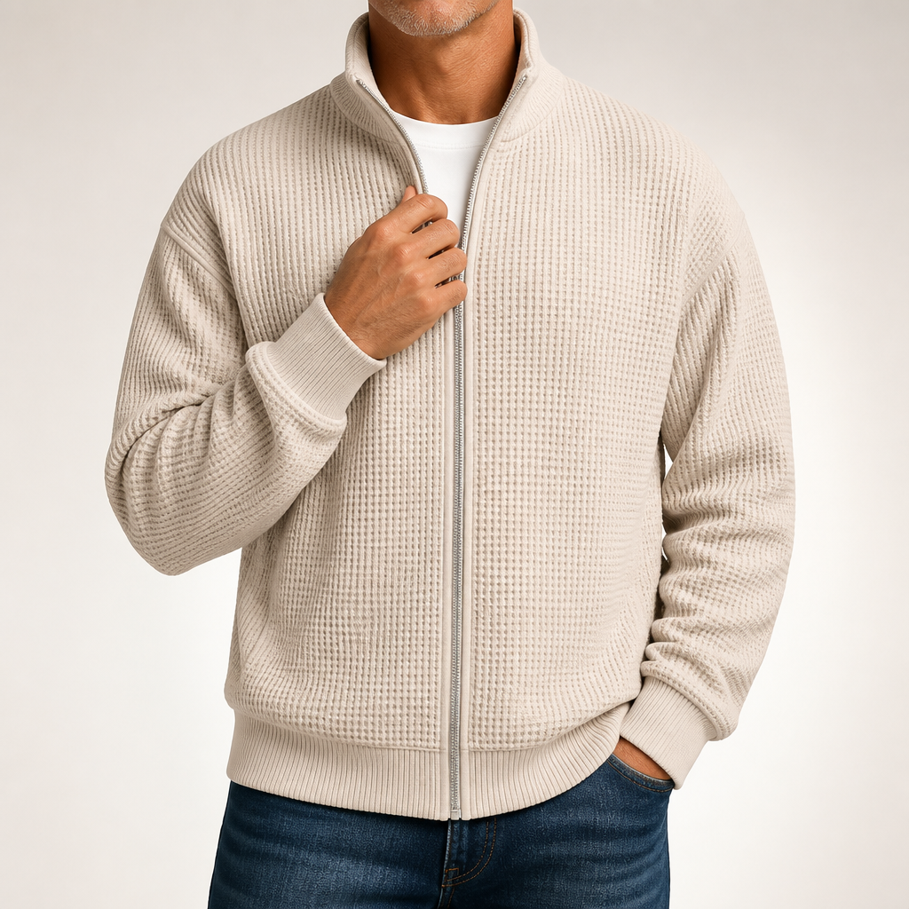 Chester | Mens Waffle Knit Zip Up Stand Collar Casual Jacket, Khaki