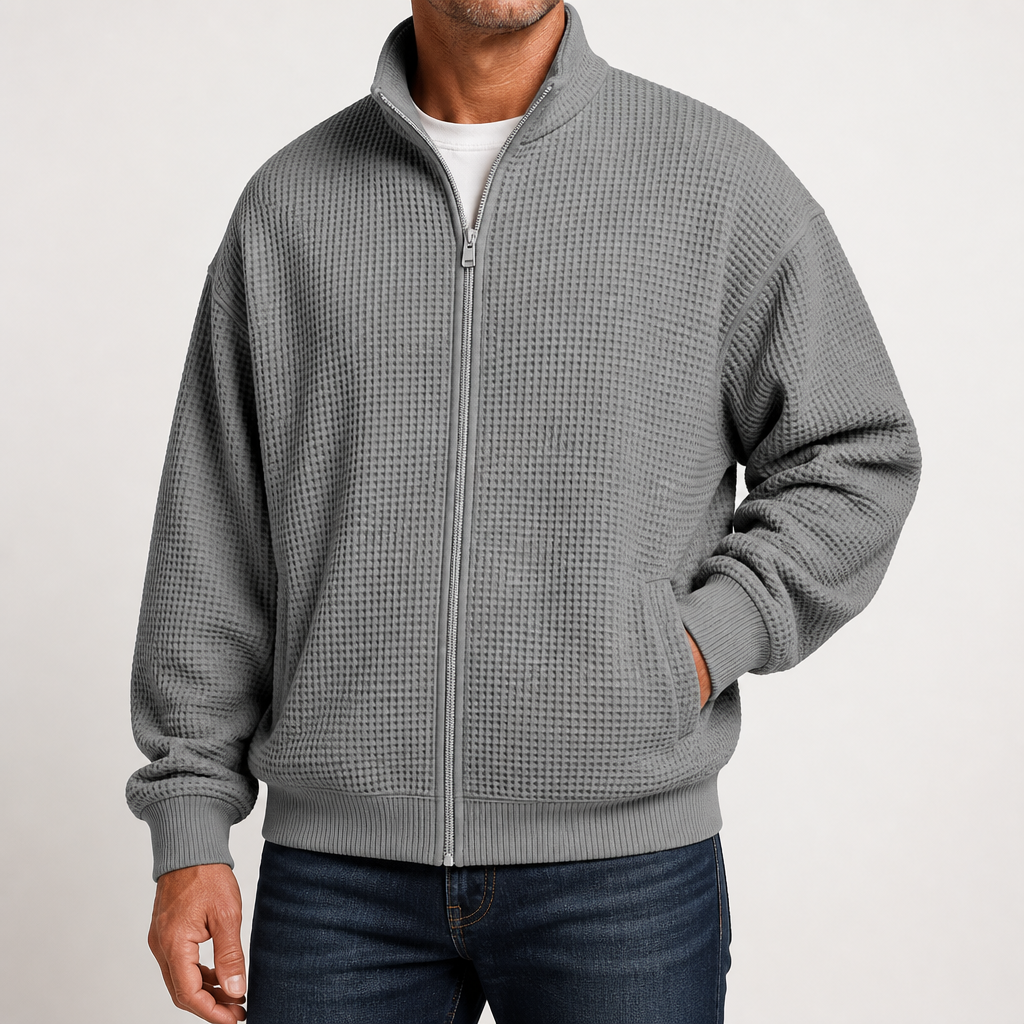 Chester | Mens Waffle Knit Zip Up Stand Collar Casual Jacket, Gray