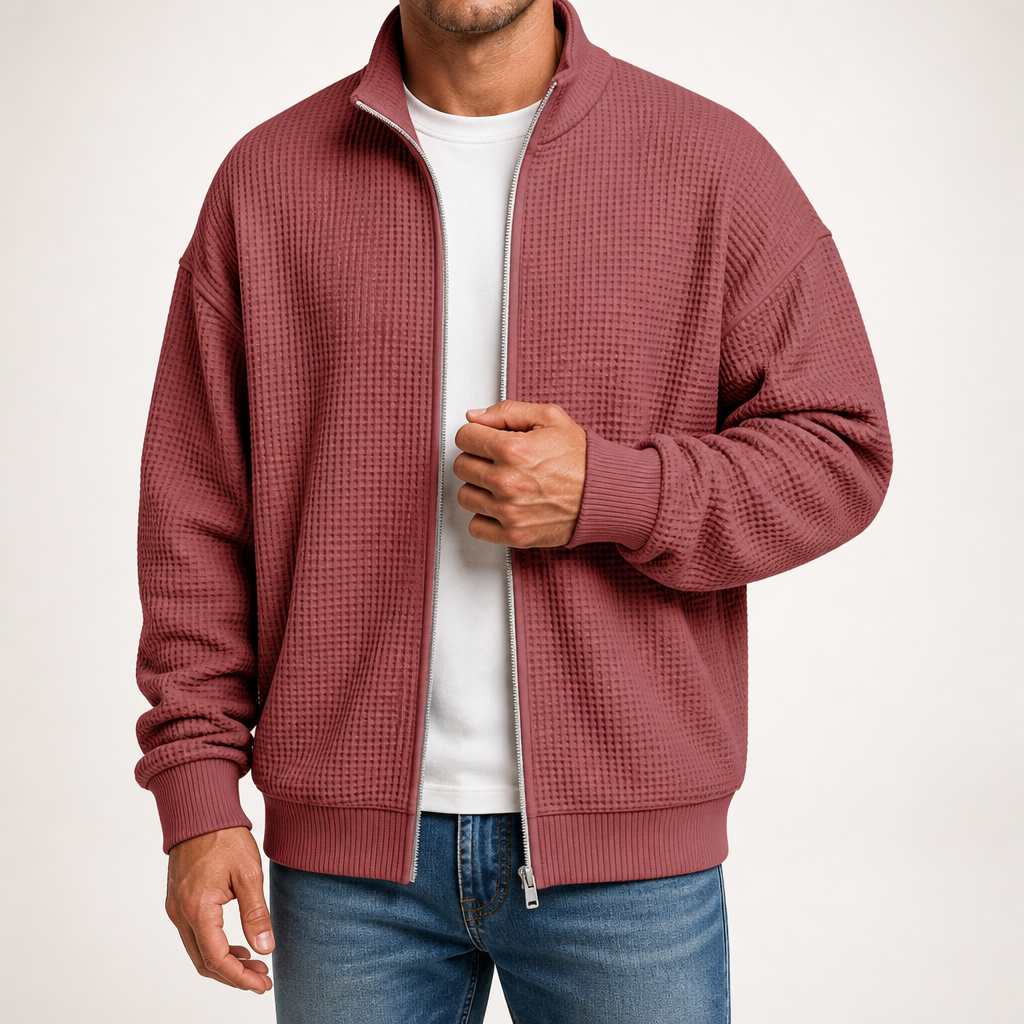 Chester | Mens Waffle Knit Zip Up Stand Collar Casual Jacket, Red