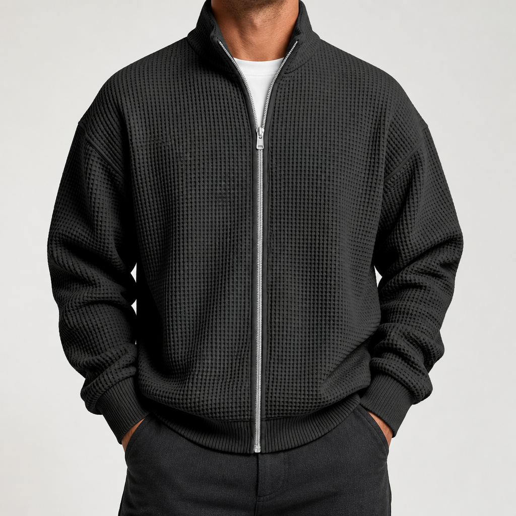 Chester | Mens Waffle Knit Zip Up Stand Collar Casual Jacket, Black