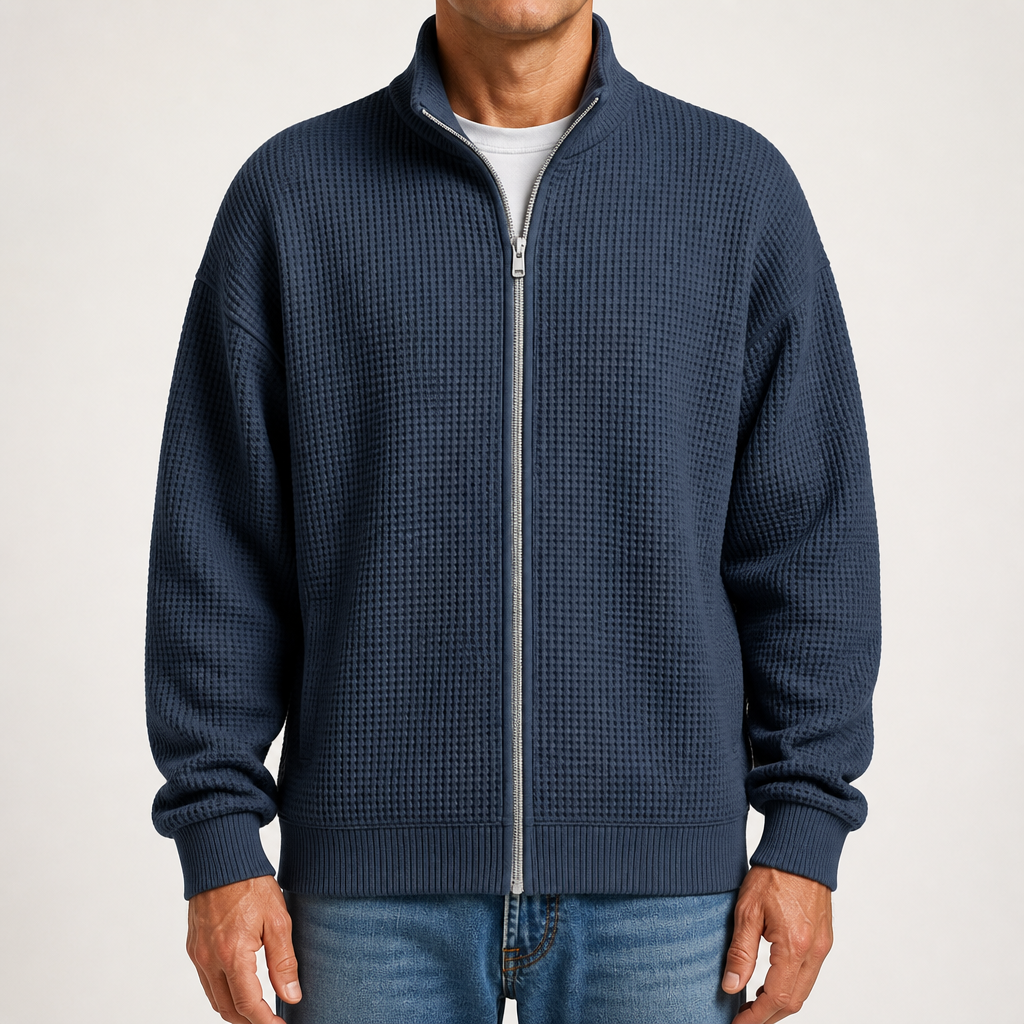 Chester | Mens Waffle Knit Zip Up Stand Collar Casual Jacket, Navy Blue