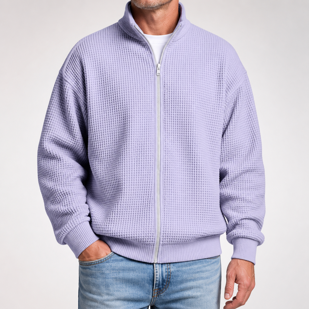 Chester | Mens Waffle Knit Zip Up Stand Collar Casual Jacket, Purple