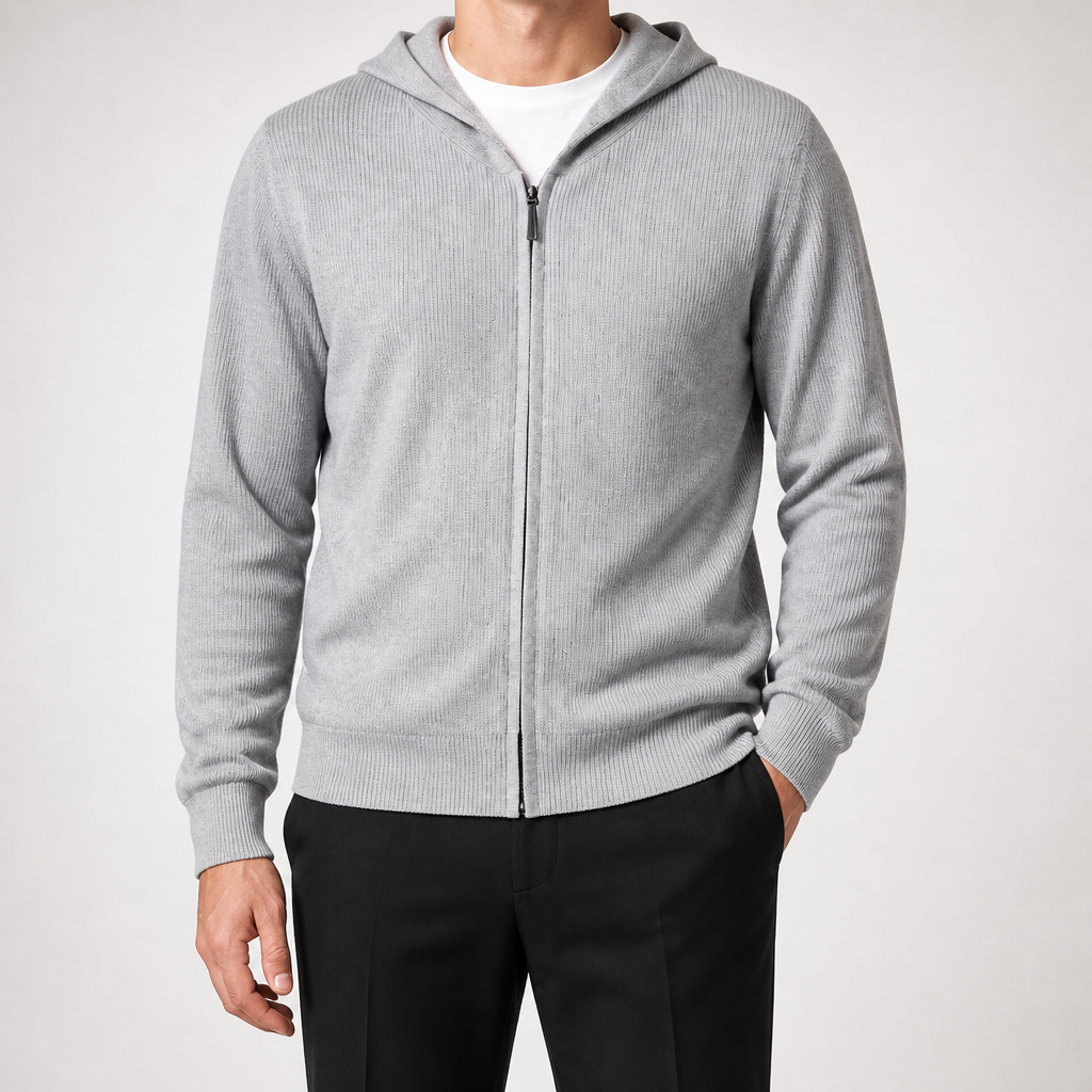 Chris | Mens Cardigan Sweater Knitted Hooded Zip Up Knit Jacket, Grey