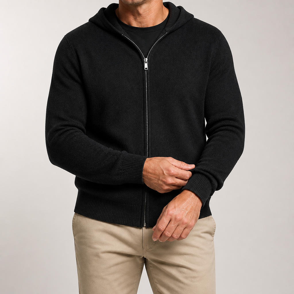 Chris | Mens Cardigan Sweater Knitted Hooded Zip Up Knit Jacket, Black