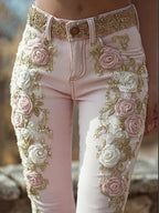 Christa | Womens Embroidered Faux Denim Look Casual Pants