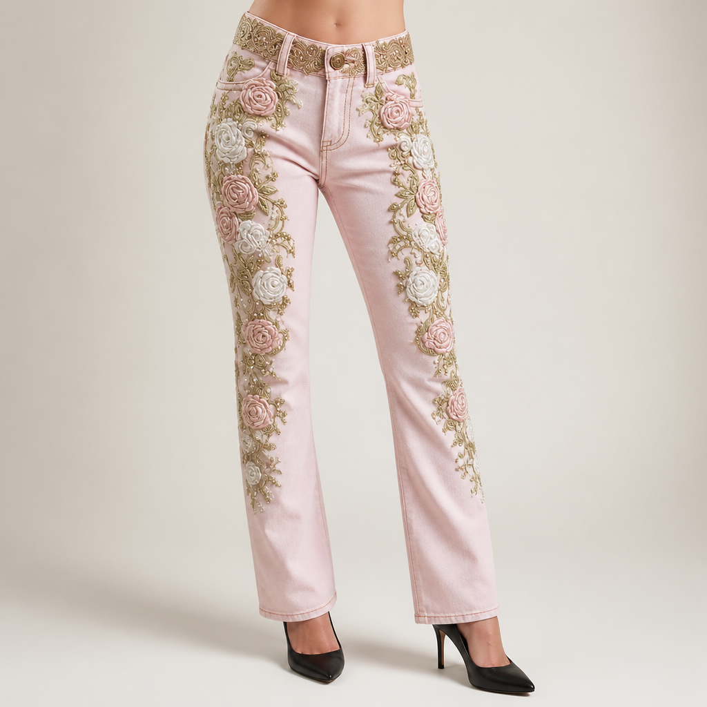 Christa | Womens Embroidered Faux Denim Look Casual Pants, Pink