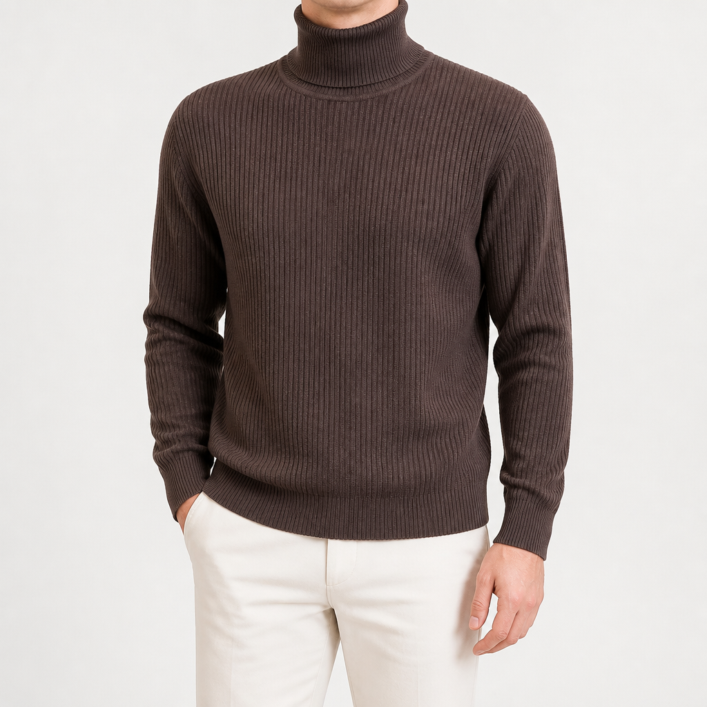 Colin | Mens Turtleneck Sweater Roll Neck Knit Base Layer Pullover, Brown