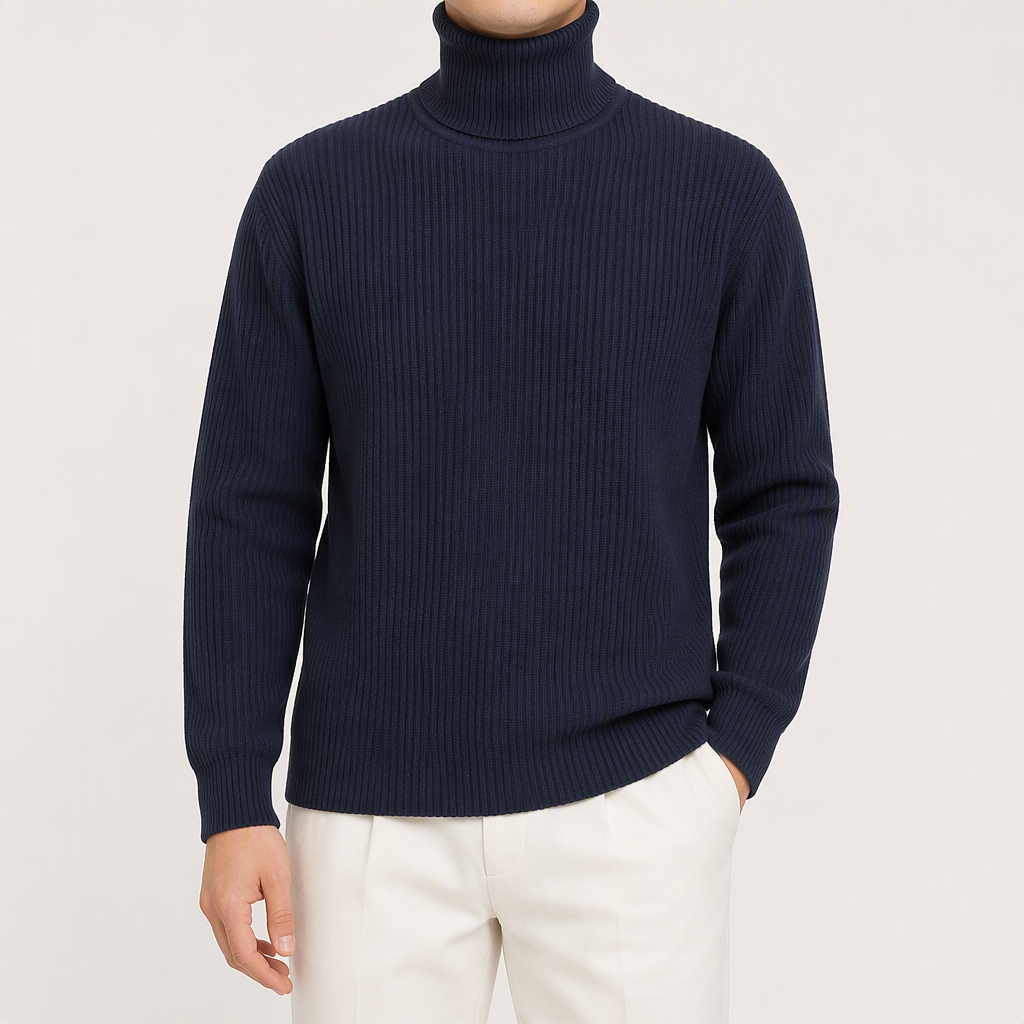 Colin | Mens Turtleneck Sweater Roll Neck Knit Base Layer Pullover, Navy Blue