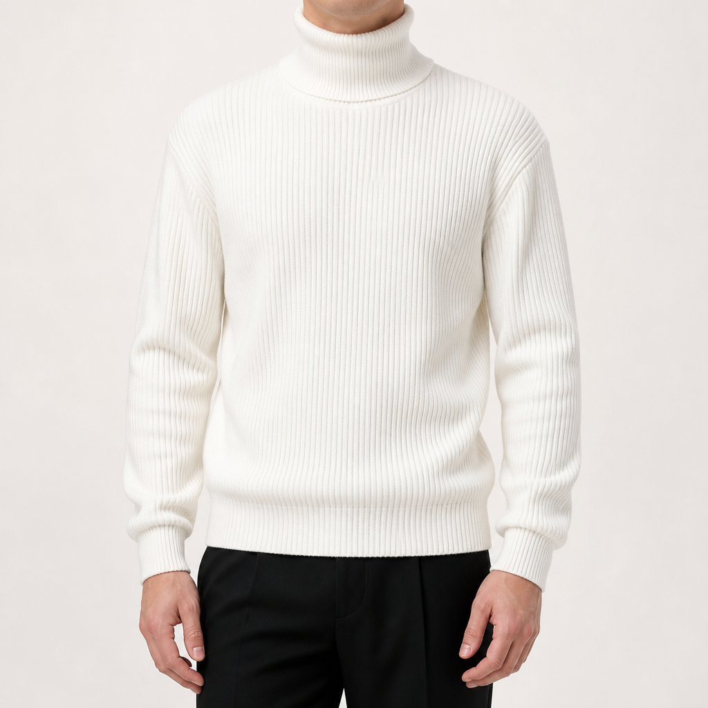 Colin | Mens Turtleneck Sweater Roll Neck Knit Base Layer Pullover, White