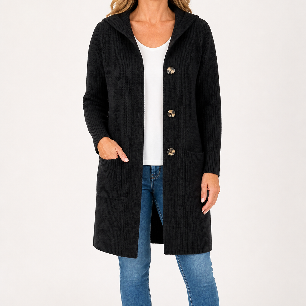 Cordelia | Womens Long Hooded Knit Button Pocket Cardigan Jacket, Black