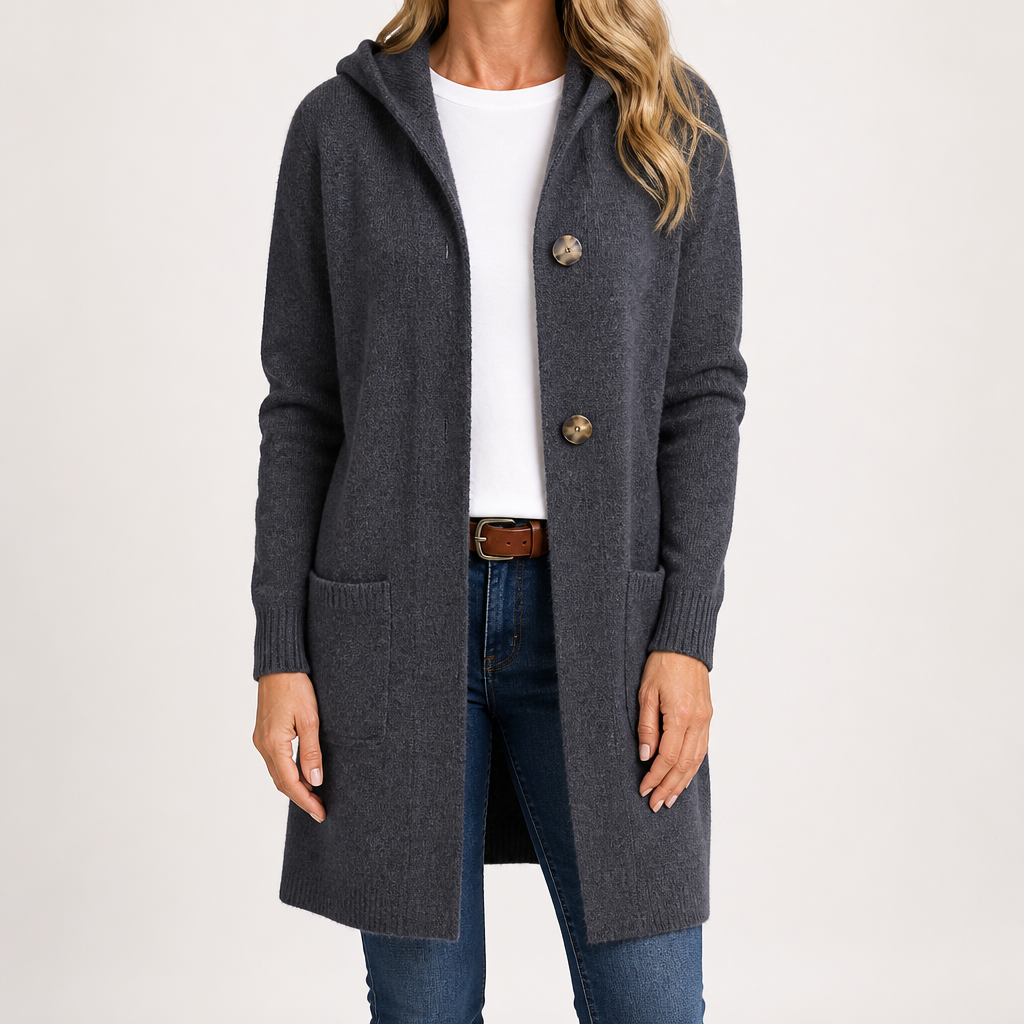 Cordelia | Womens Long Hooded Knit Button Pocket Cardigan Jacket, Grey