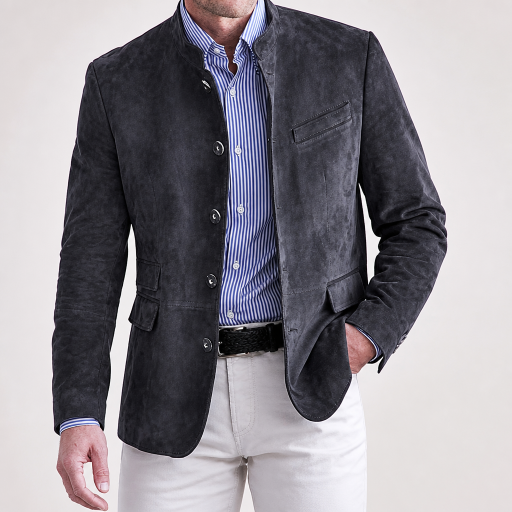 Cormac | Mens Suede Suit Casual Mid Length Smart Jacket, Dark Grey