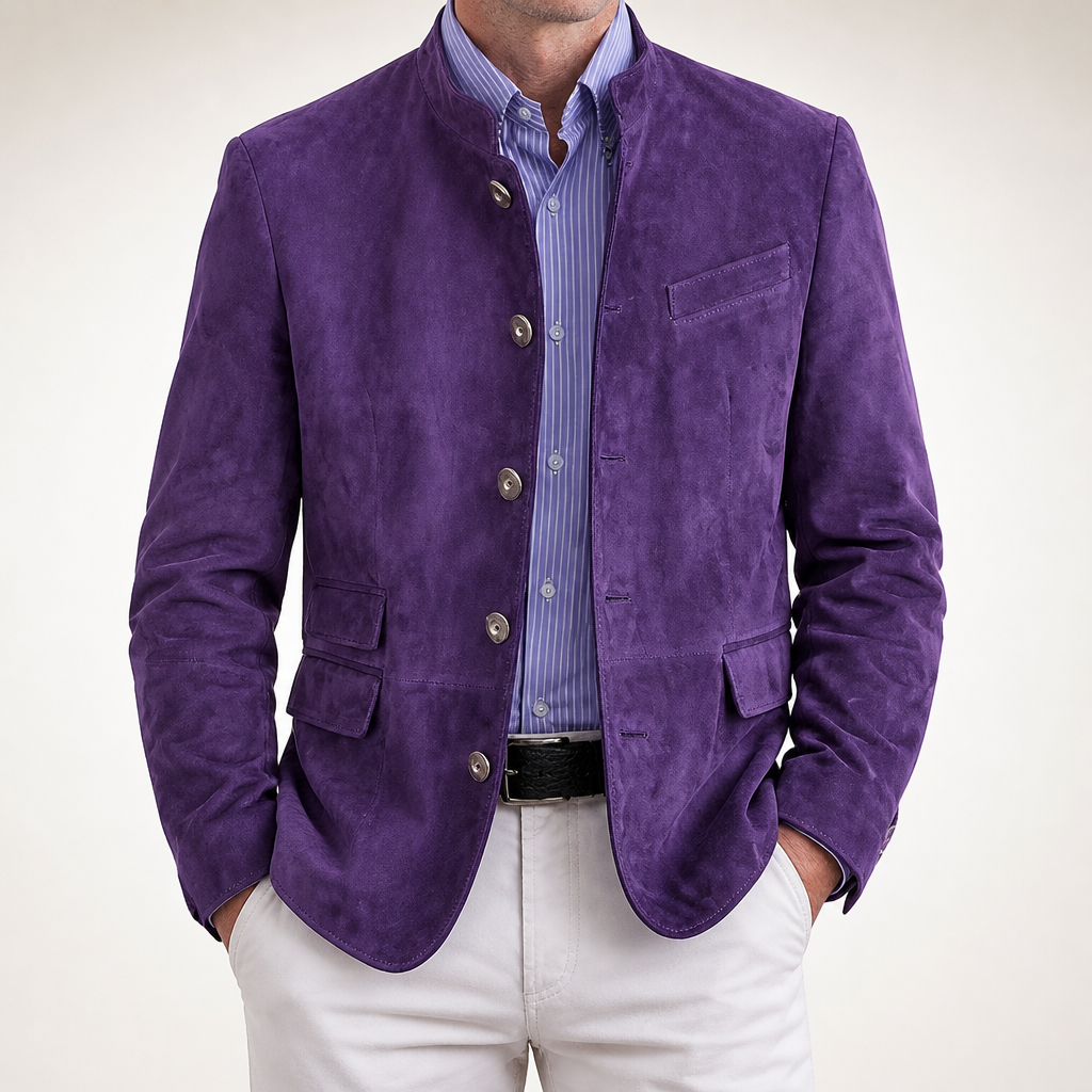 Cormac | Mens Suede Suit Casual Mid Length Smart Jacket, Purple