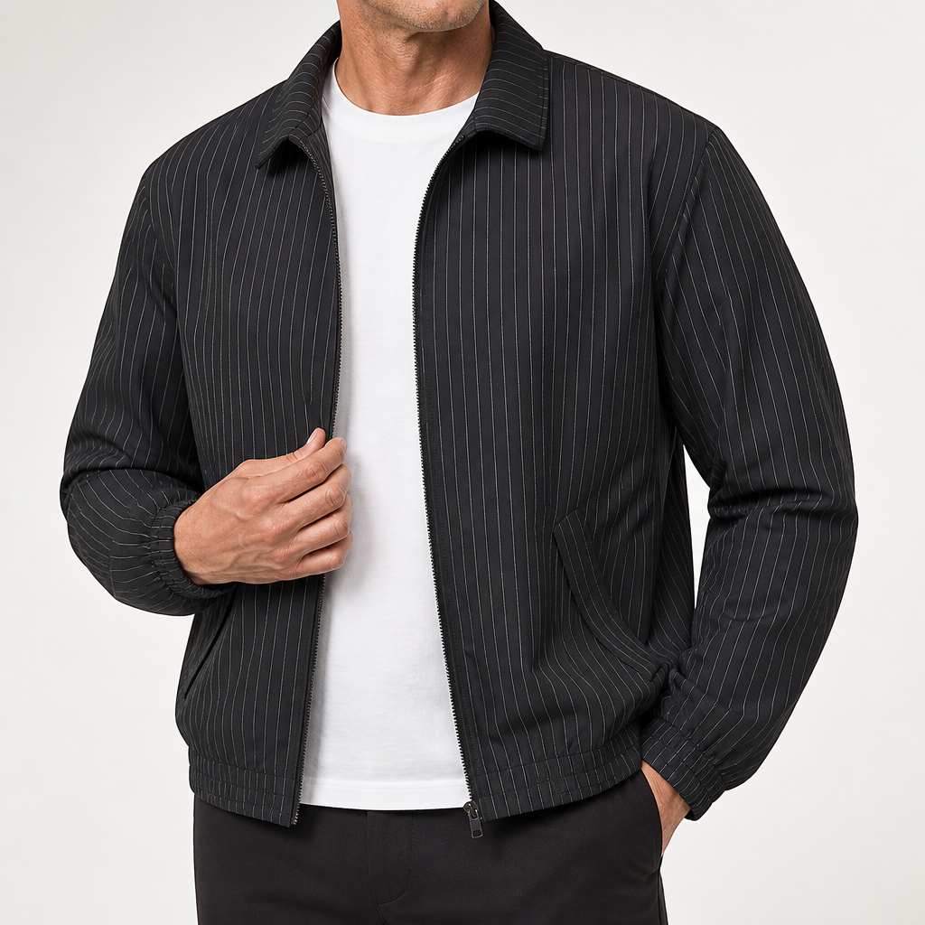 Corwin | Mens Striped Lightweight Stand Collar Zip Up Track Jacket, Black