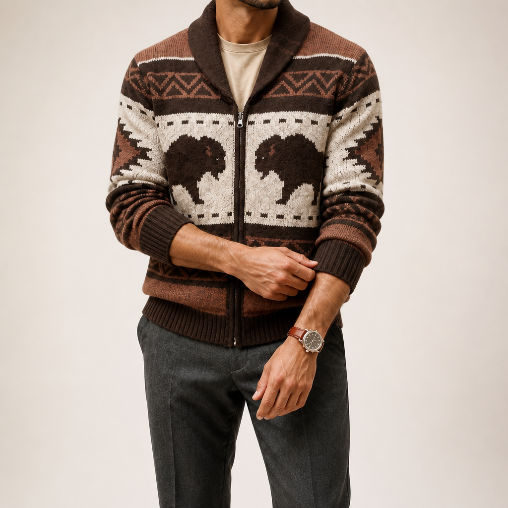 Cullen | Mens Jacquard Knit Button Up Cardigan Sweater, Brown