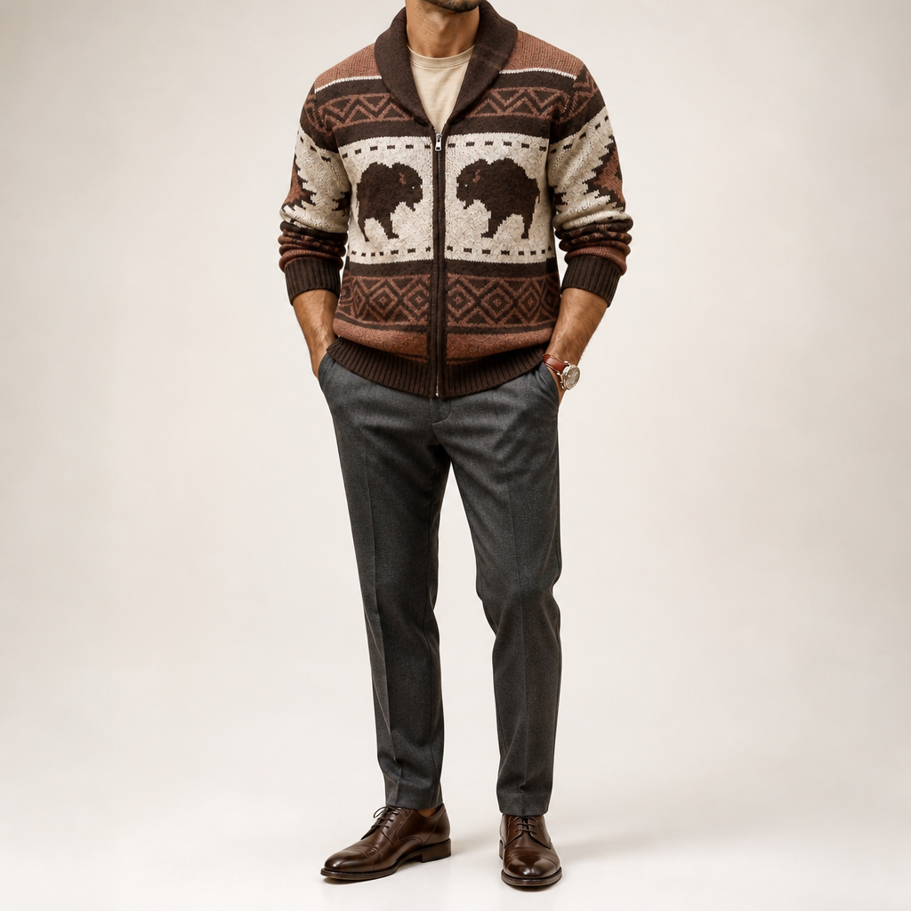 Cullen | Mens Jacquard Knit Button Up Cardigan Sweater, Brown