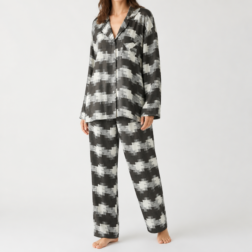 Cynthia | Womens Cotton Long Sleeve Loungewear Pajama Set, Black Check