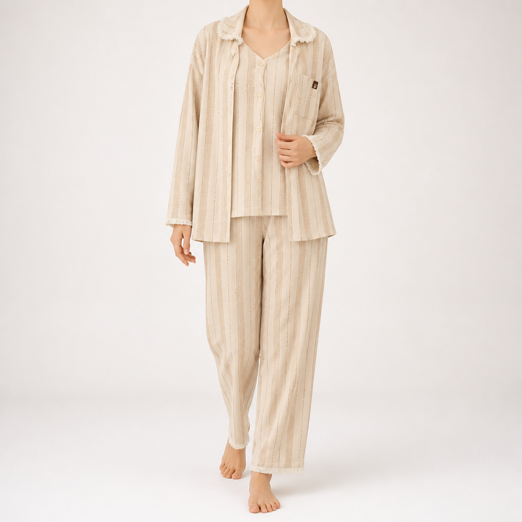 Cynthia | Womens Cotton Long Sleeve Loungewear Pajama Set, Oatmeal