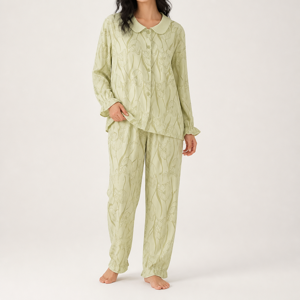 Cynthia | Womens Cotton Long Sleeve Loungewear Pajama Set, Mint Green