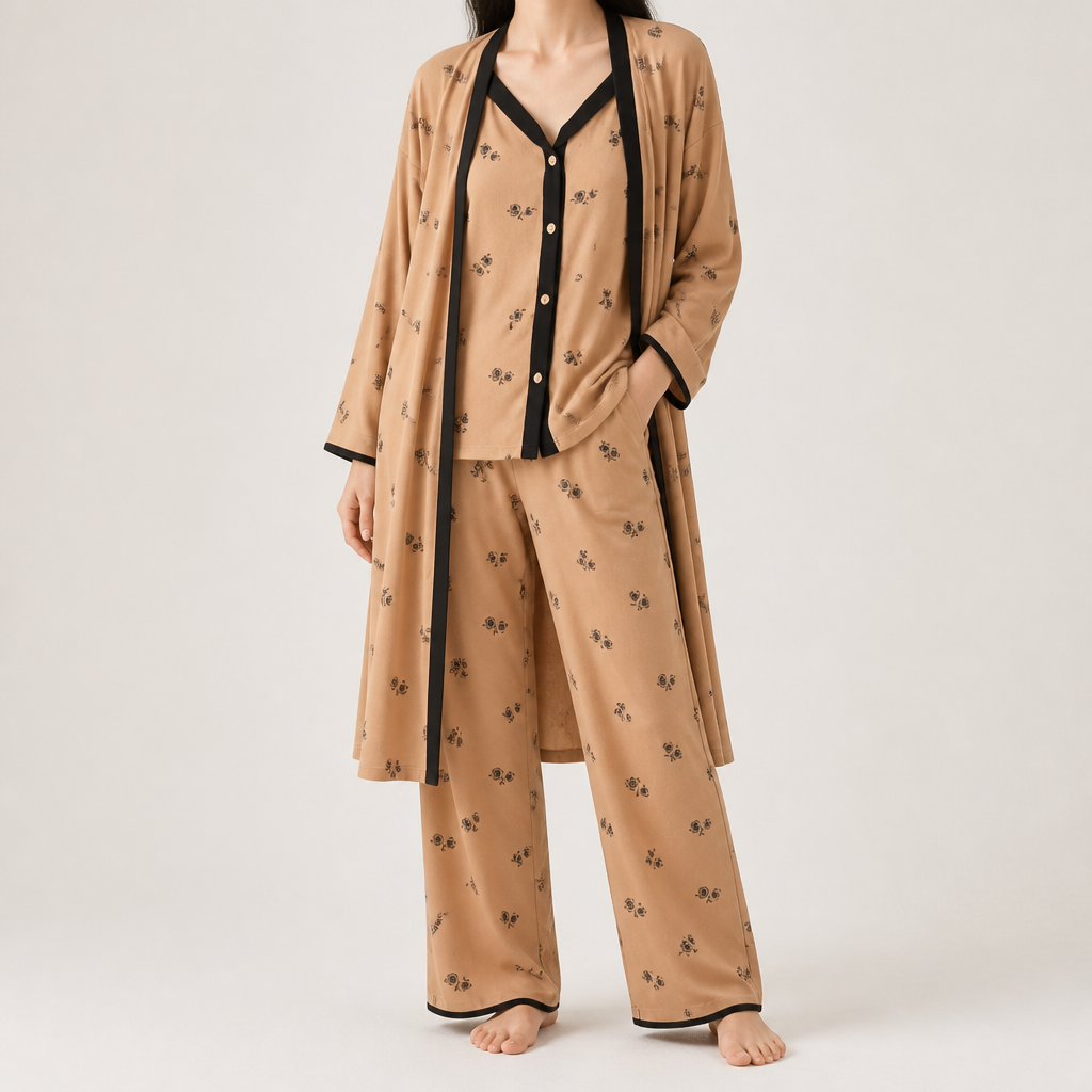 Cynthia | Womens Cotton Long Sleeve Loungewear Pajama Set, Apricot