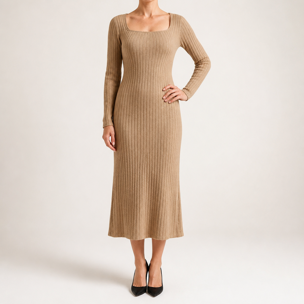 Danielle | Womens Maternity Ribbed Knit Long Sleeve Sweater Dress, Khaki