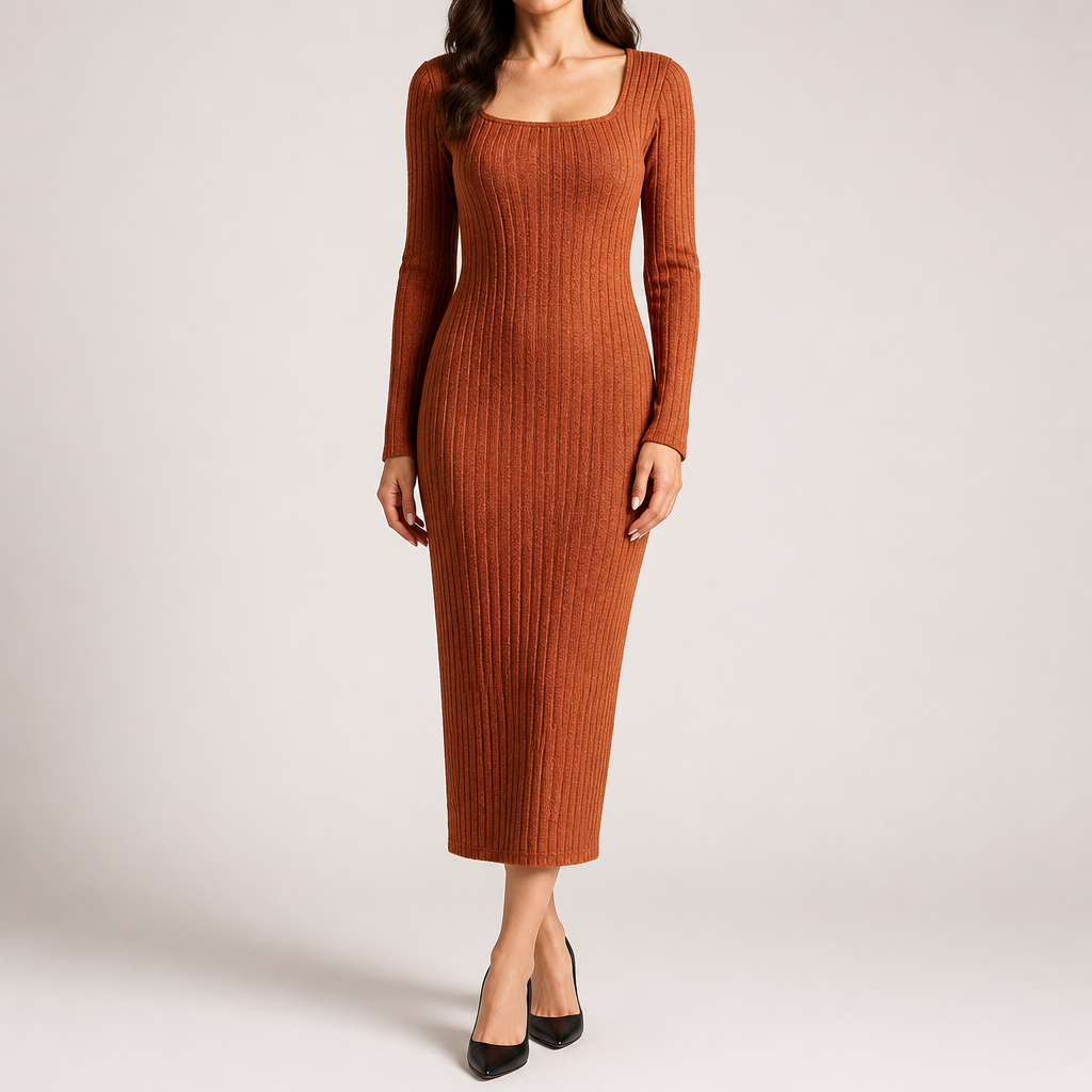 Danielle | Womens Maternity Ribbed Knit Long Sleeve Sweater Dress, Caramel