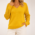 Daphne | Womens Crochet V Neck Knitted Jumper, Gold