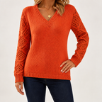 Daphne | Womens Crochet V Neck Knitted Jumper, Orange Red