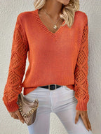 Daphne | Womens Crochet V Neck Knitted Jumper - Orange Red