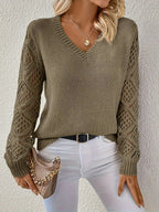 Daphne | Womens Crochet V Neck Knitted Jumper - Pickle